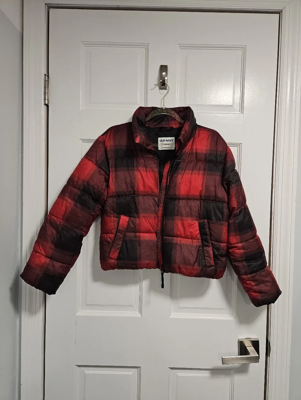 Old Navy Girls Plaid Red Black Buffalo Print Puffer Jacket Size L (10-12)